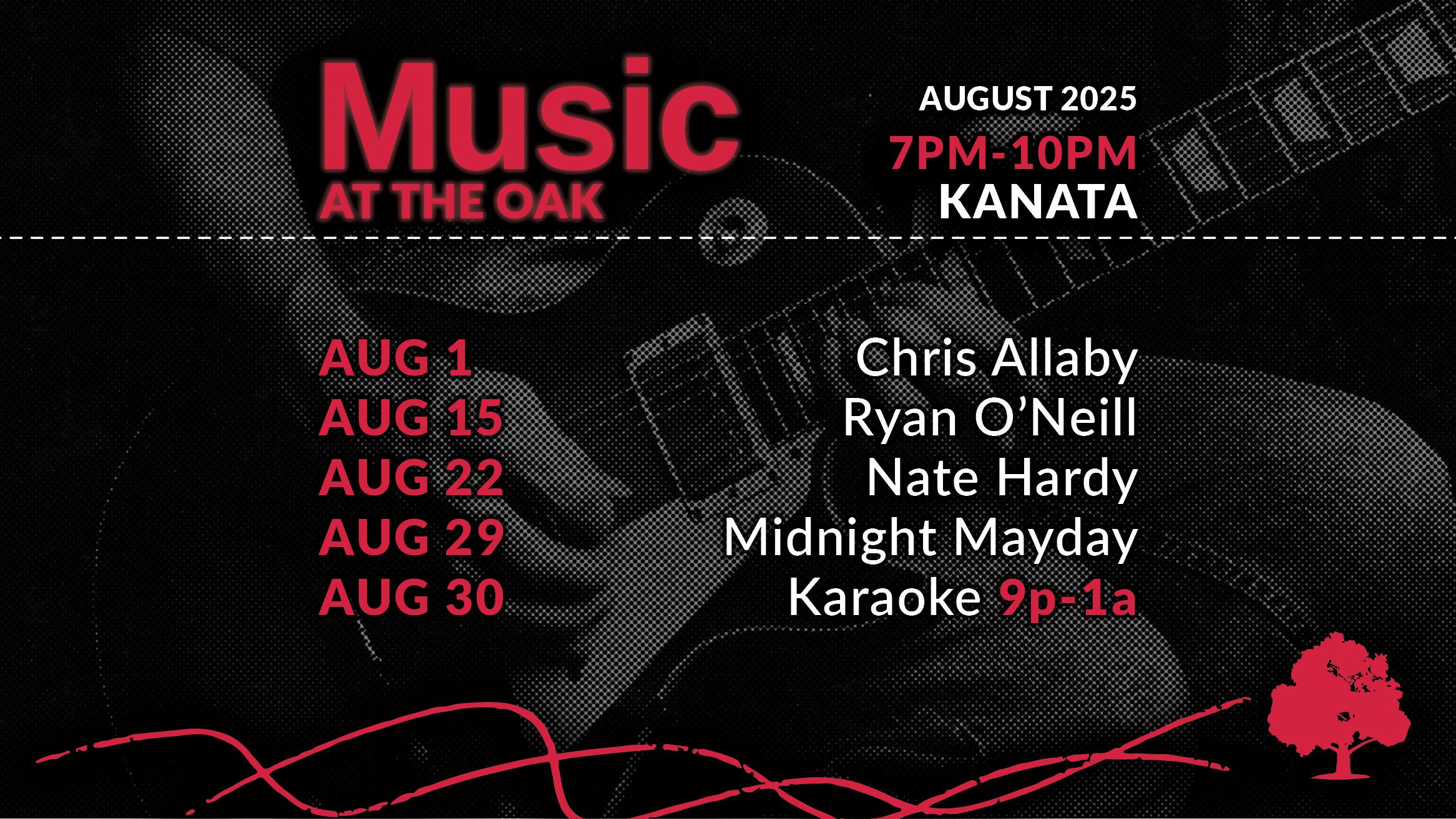 Aug 1 Chris Allaby, Aug 8 Jim Cochrane, Aug 15 Ryan O'Neill, Aug 22 Nate Hardy, Aug 29 Midnight Mayday